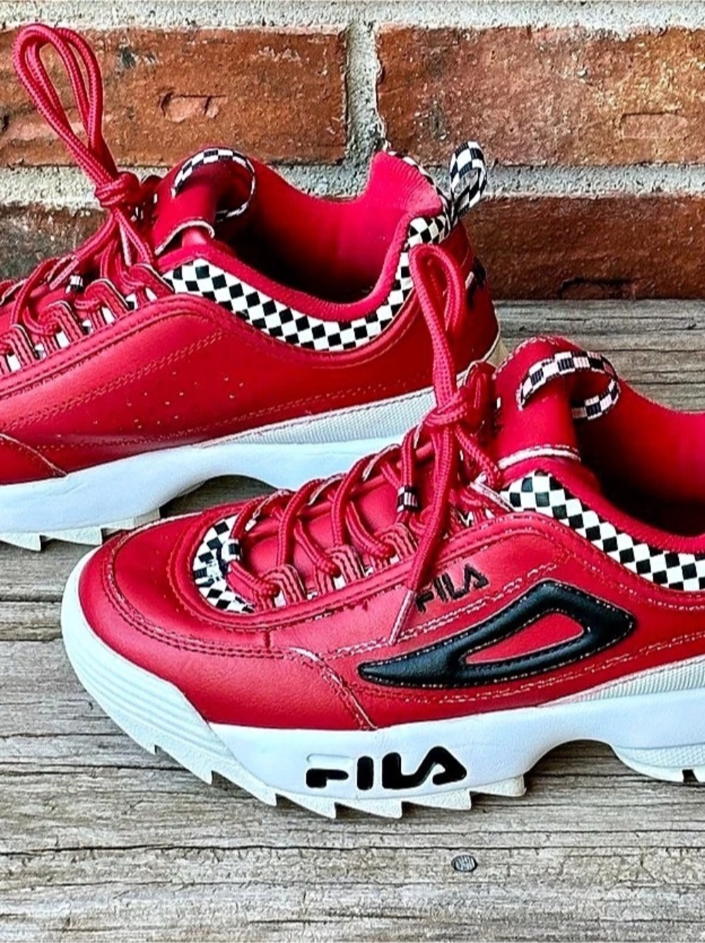 FILA Disruptor II Checkered Sneakers Red White US 7 Like New
